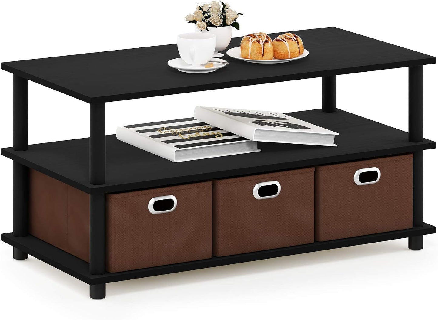 Furinno Coffee Table with Bins, Espresso/Brown — Black Oak/Black/Brown / 3 Bin