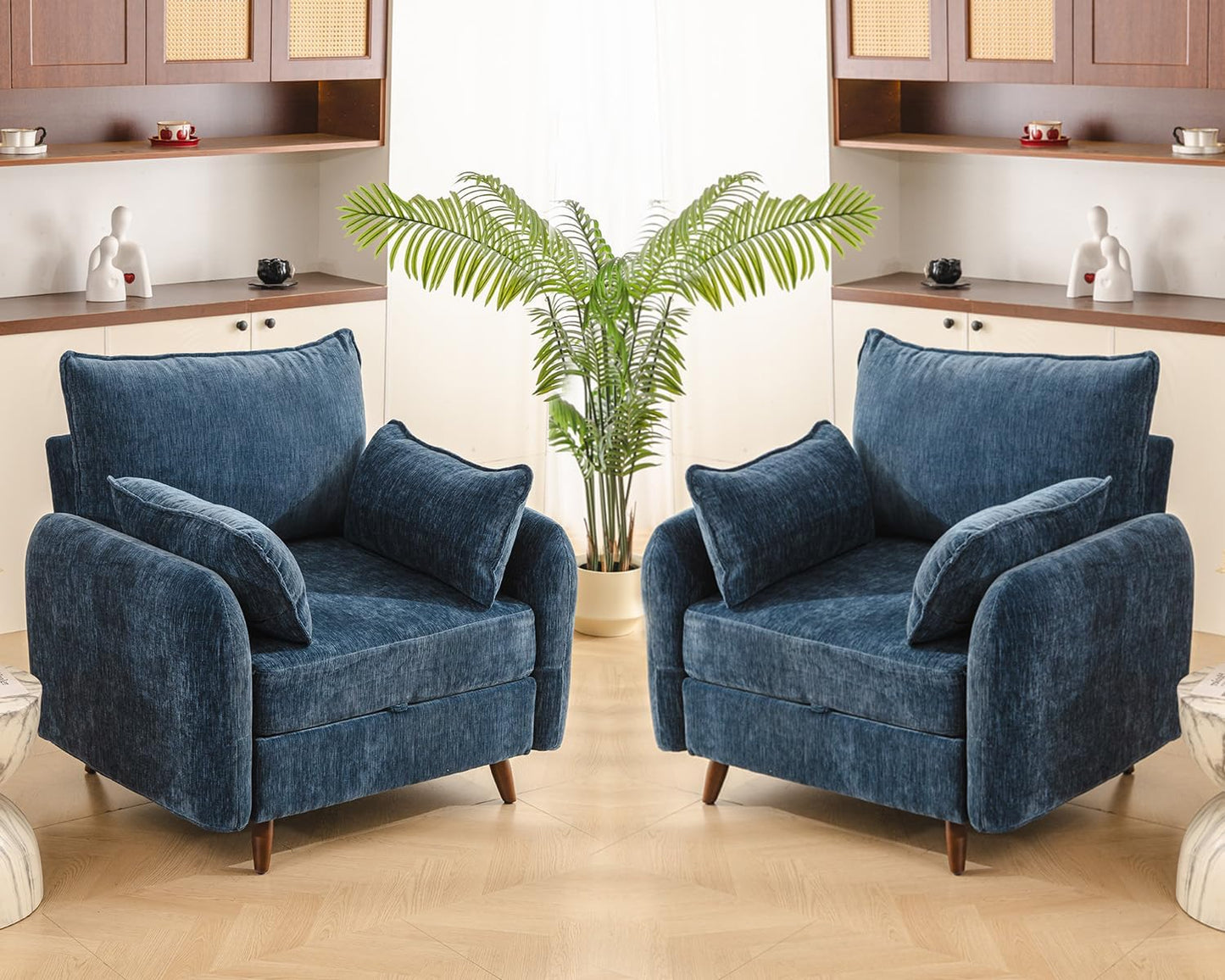 Rexulqo Oversized Accent Chair with All Seats Storage,Comfy Living Room Chairs with 2 Throw Pillow,Upholstered Mid-Century Armchair,24.5'' Deep Seat,Reading Chair for Bedroom,Office,Chenille,Orange — 1*Chair + 1*Ottoman / Blue