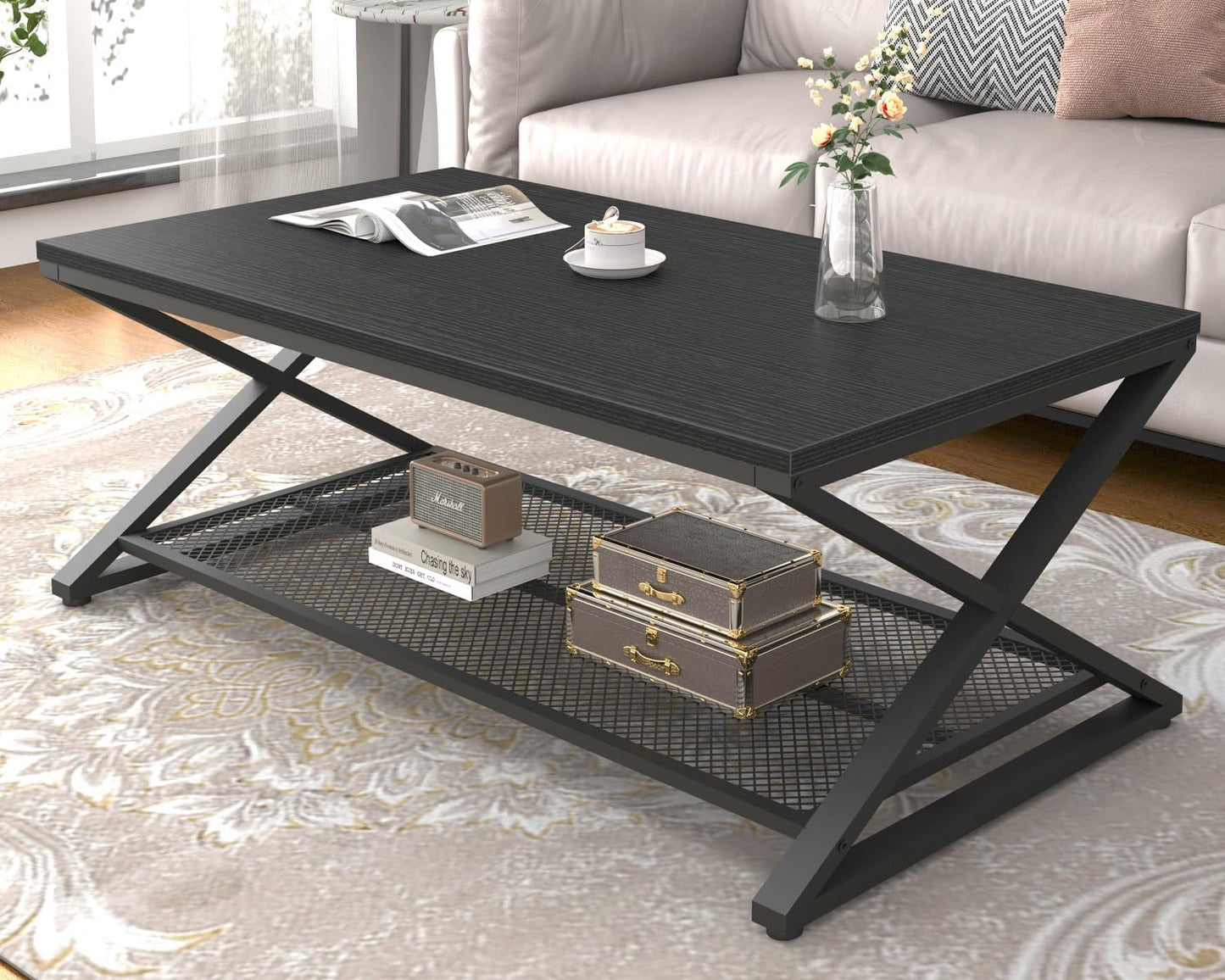 LVB Coffee Table for Living Room, 2 Tier Tea Table, 47 inch, Rustic Brown | Industrial Metal Wood Coffee Table with Storage, Farmhouse Wooden Rectangle Center Table with Mesh Shelf for Office Bedroom — Black Oak / 47 inch