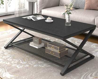 LVB Coffee Table for Living Room, 2 Tier Tea Table, 47 inch, Rustic Brown | Industrial Metal Wood Coffee Table with Storage, Farmhouse Wooden Rectangle Center Table with Mesh Shelf for Office Bedroom — Black Oak / 47 inch