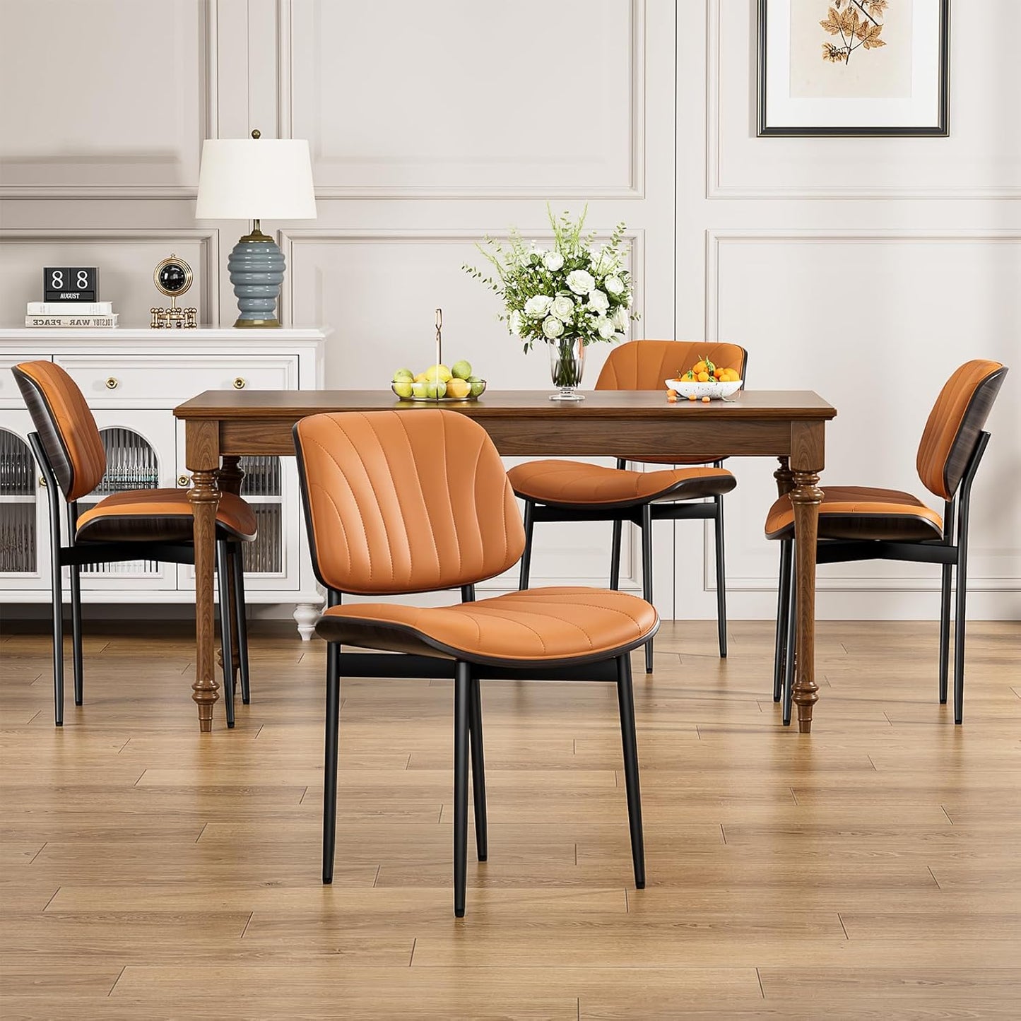 YaFiti Mid Century Dining Chairs Set of 4 with Walnut Bentwood, Greige | Ergonomic Walnut Backrest, Upholstered Waterproof PU Leather Seat, Stable Metal Legs, Adjustable Footpads, Apartment Friendly — Orange Scallop / 4