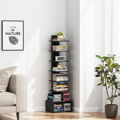 TUTOTAK Book Shelf, Narrow Spine Bookshelf, 8-Tier Bookcase for Small Space | 10.4 x 13.4 x 47.5 Inches Vertical Freestanding Corner Shelf for Living Room, Office, Study, Entryway, Brown BS06BB008 — 8 Tier with 1 Cube / Black