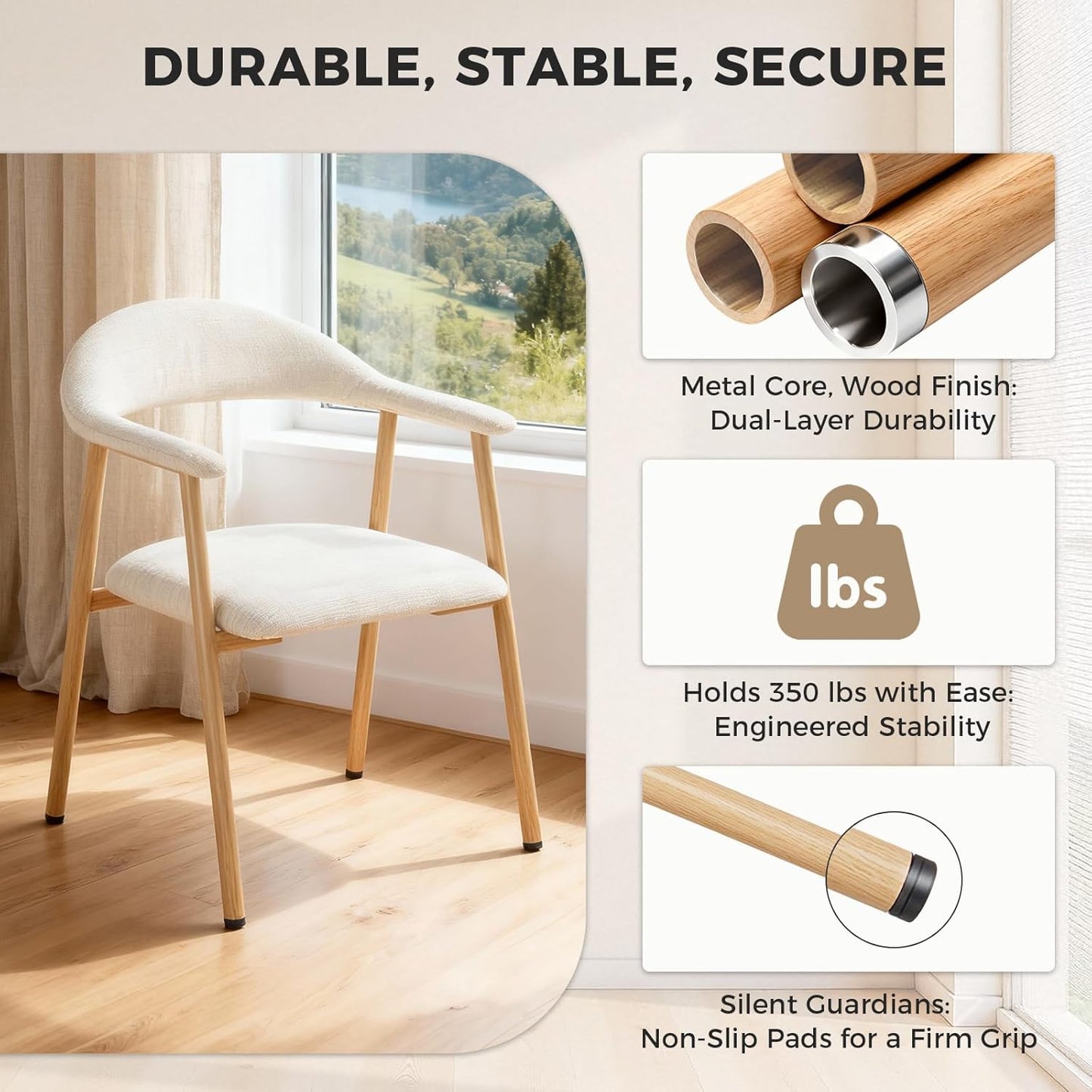 DUMOS Dining Chairs Set of 4, Linen Fabric Upholstered Kitchen Side Chairs with Curved Backrest & Metal Legs, Modern Farmhouse Accent Chair for Dining Room Kitchen Living Room Cafe, Beige — Beige / 4pc (4)