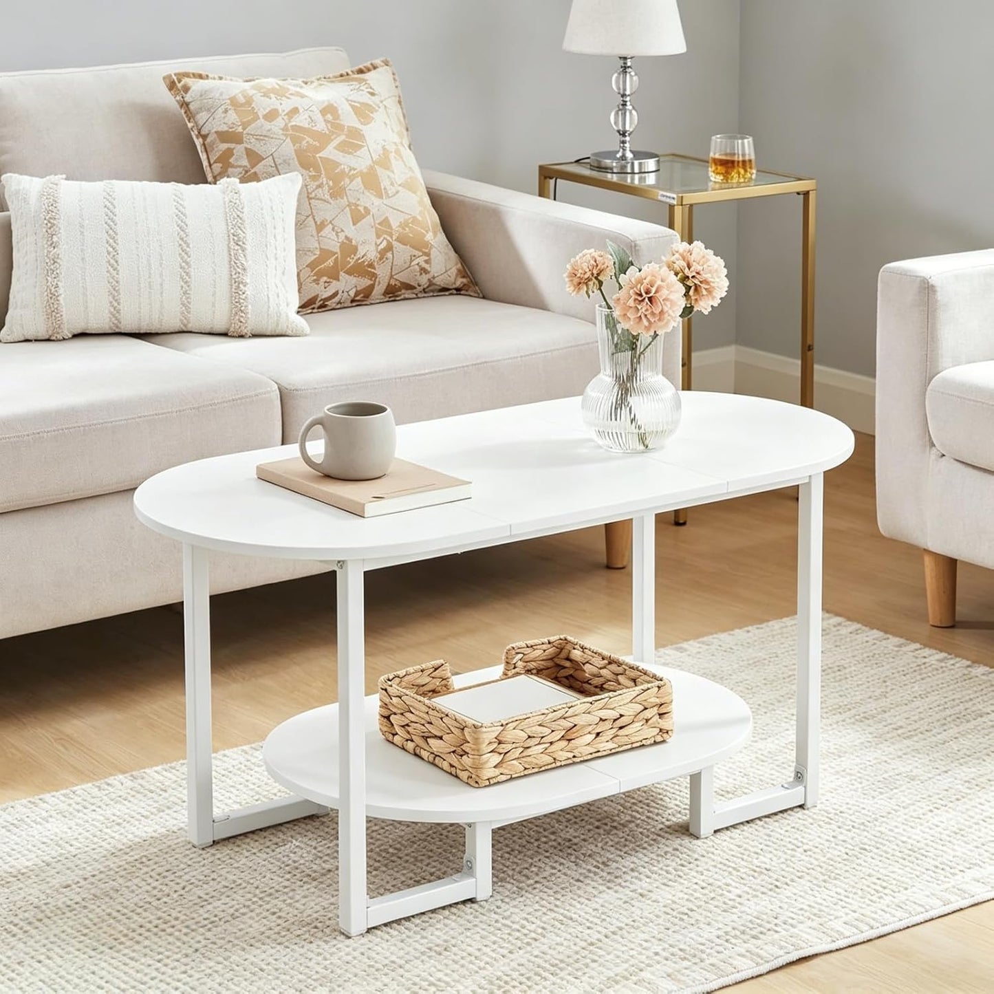 HOOBRO Coffee Table for Living Room, Oval Small Coffee Table with 2-Tier Open Storage Shelf, Industrial Cocktail Tea Table, Wooden Desktop Center Table, Farmhouse, Home Office, Rustic Brown BF09KF01 — White