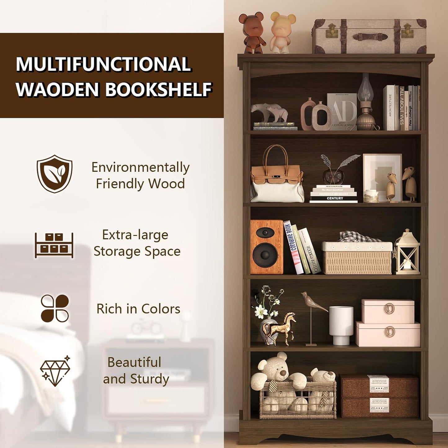 TVU 5-Tier Wooden Bookshelf, 31.5" W x 65" H ×9.9" D Bookshelf with Storage, Floor Standing Modern Style Display Bookcase for Living Room, Office, Study Room, Entryway, Brown — Brown / 5 Tier (3)