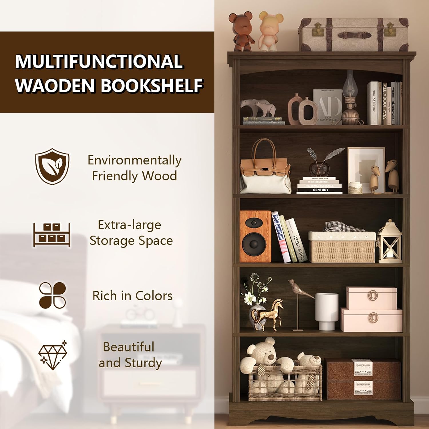 TVU 5-Tier Wooden Bookshelf, 31.5" W x 65" H ×9.9" D Bookshelf with Storage, Floor Standing Modern Style Display Bookcase for Living Room, Office, Study Room, Entryway, Brown — Brown / 5 Tier (3)