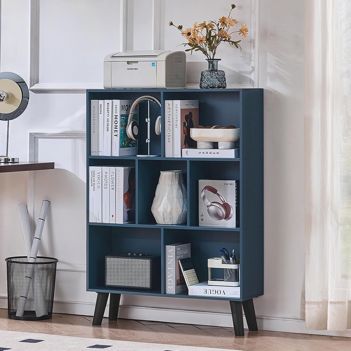 LEYAOYAO Cube Bookshelf 3 Tier Mid-Century Rustic Brown Modern Bookcase with Legs,Retro Wood Bookshelves Storage Organizer Shelf,Freestanding Open Book Shelves for Bedroom,Living Room,Office — Dark Blue / 7 Cube with Legs