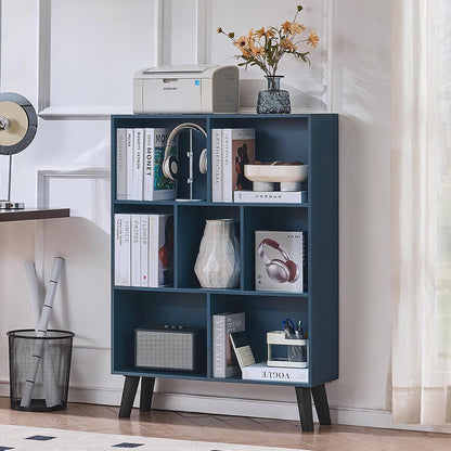 LEYAOYAO Cube Bookshelf 3 Tier Mid-Century Rustic Brown Modern Bookcase with Legs,Retro Wood Bookshelves Storage Organizer Shelf,Freestanding Open Book Shelves for Bedroom,Living Room,Office — Dark Blue / 7 Cube with Legs