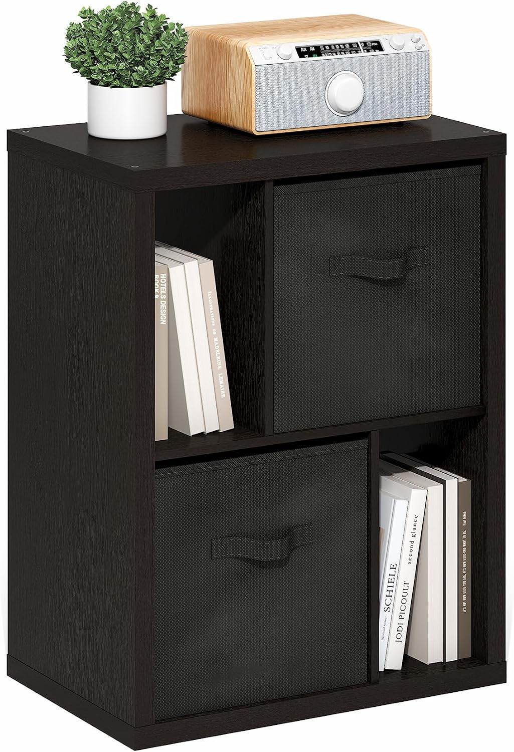 Furinno CLASSIC Coffee Table, Modern Rectangle Printer Stand, Black | 1.8" Triple Thick Tabletop, Toolless Assembly, Side Table, for Living Room, Home Office — Dark Oak / 2-Tier, 2 Storage Bins