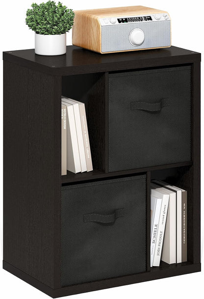 Furinno CLASSIC Coffee Table, Modern Rectangle Printer Stand, Black | 1.8" Triple Thick Tabletop, Toolless Assembly, Side Table, for Living Room, Home Office — Dark Oak / 2-Tier, 2 Storage Bins