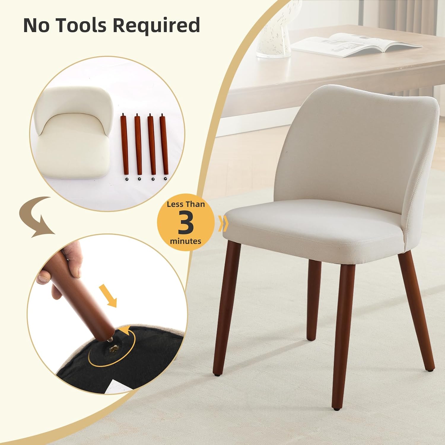 GarveeHome Wooden Dining Chair Set of 4 Upholstered Fabric Dining Chair | Modern Kitchen Chairs with Curved Backrest Leveling Feet for Dining Room, Living Room, , No tool assembly, No Wobble, White — White (5)