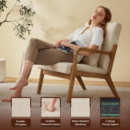 Achicsofar Accent Chair Mid Century Modern Armchair with Lumbar Support Pillow Wood Legs PU Leather Upholstered Lounge Chairs Comfy High Back Cushion for Living Room Bedroom — Beige White / Large Size (3)