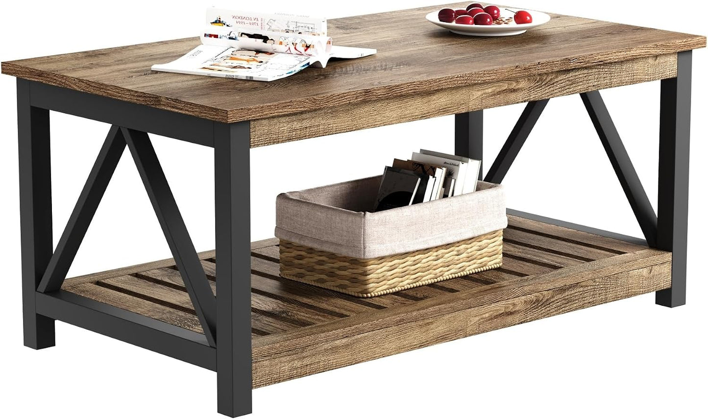 ChooChoo Farmhouse Coffee Table, Rustic Vintage Living Room Table with Shelf, 40 White — Rustic Oak & Black / 40 Inches