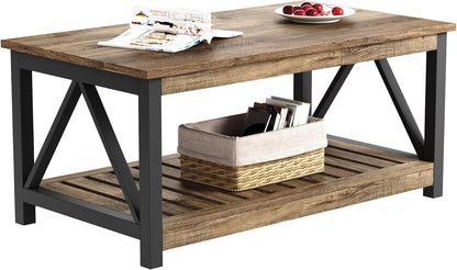 ChooChoo Farmhouse Coffee Table, Rustic Vintage Living Room Table with Shelf, 40 White — Rustic Oak & Black / 40 Inches