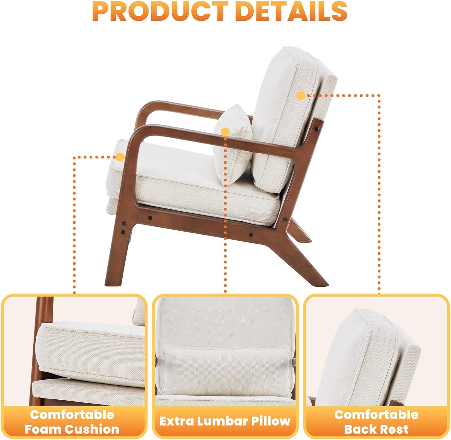 DUMOS Mid Century Modern Accent Chair, Armchair with Lumbar Pillow and Waist Cushion, Solid Wood Frame Lounge Chair for Living Room, Bedroom, Reading Nook, Small Apartment Corner, Ivory White — Ivory White / 1 Pack (4)