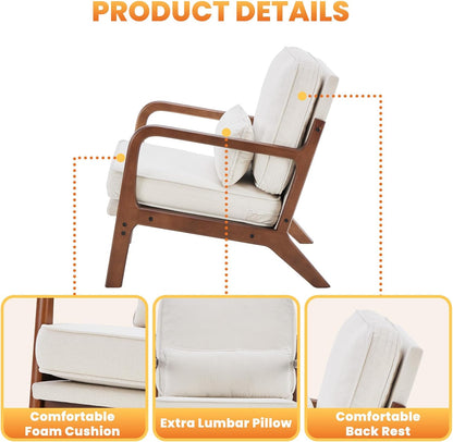 DUMOS Mid Century Modern Accent Chair, Armchair with Lumbar Pillow and Waist Cushion, Solid Wood Frame Lounge Chair for Living Room, Bedroom, Reading Nook, Small Apartment Corner, Ivory White — Ivory White / 1 Pack (4)