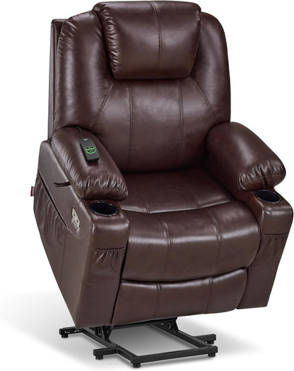 MCombo Electric Power Lift Recliner Chair Sofa with Massage and Heat for Elderly, 3 Positions, 2 Side Pockets, and Cup Holders, USB Ports, Faux Leather 7040 (Grey, Medium) — Medium / Dark Brown