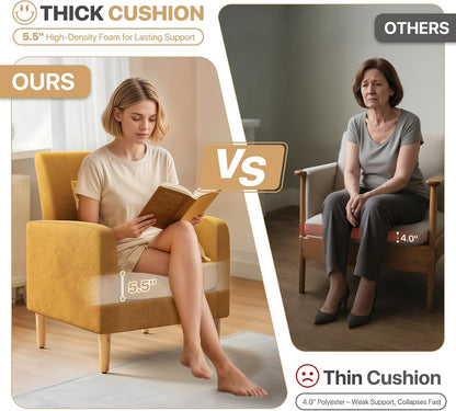Magshion Accent Chair for Living Room, Comfy Mid-Century Reading Chair for Bedroom, Upholstered Linen Fabric Armchair Single Sofa with Back Pillow & Wood Legs, 300 lbs Capacity, Yellow — Yellow (8)