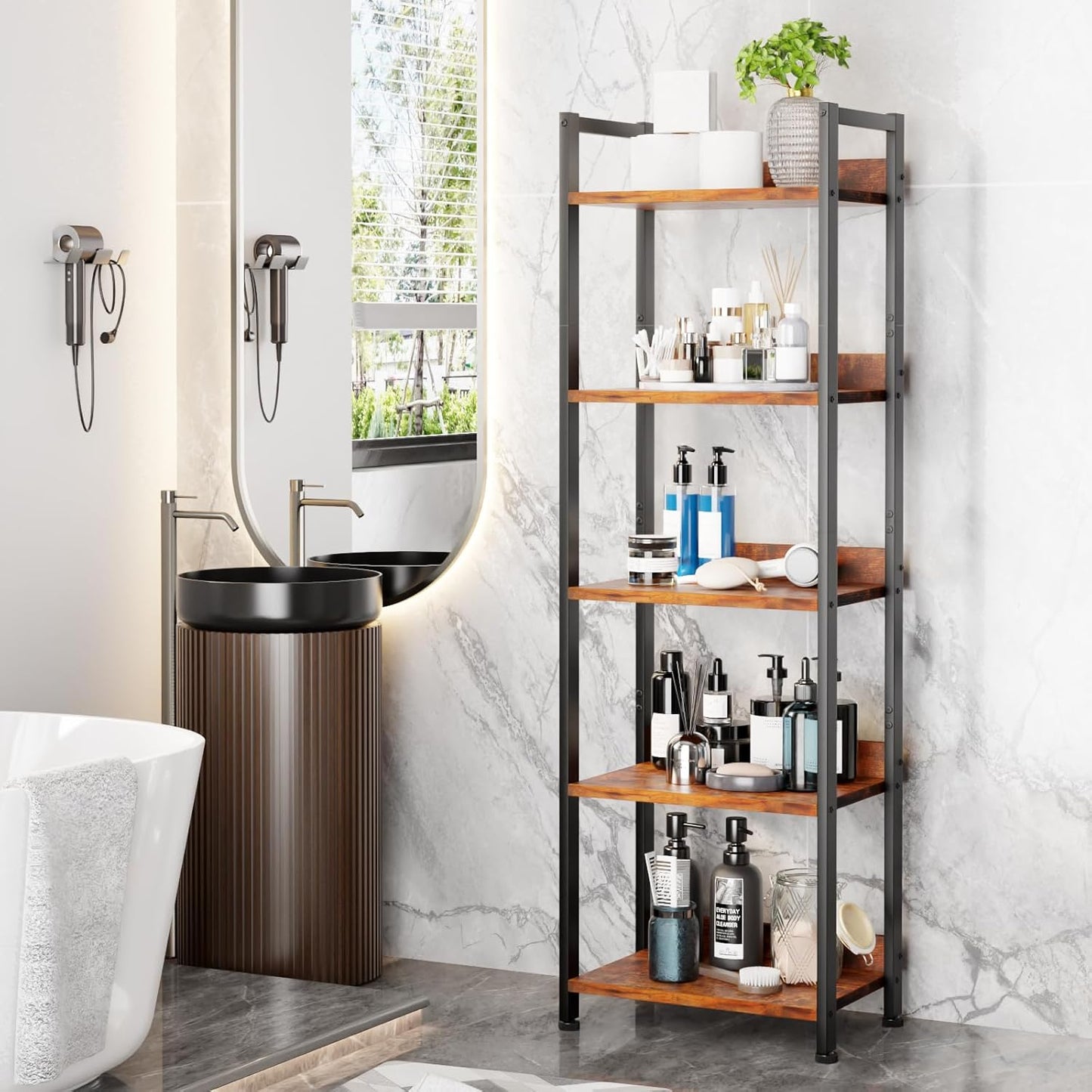 Furologee 5 Tier Bookshelf with Drawer, Tall Narrow Bookcase with Shelves, Wood and Metal Bookshelves Storage Organizer, Industrial Display Standing Shelf Unit for Bedroom, Living Room, Rustic Brown — Rustic Brown / 5 Tier -1 PCS (8)