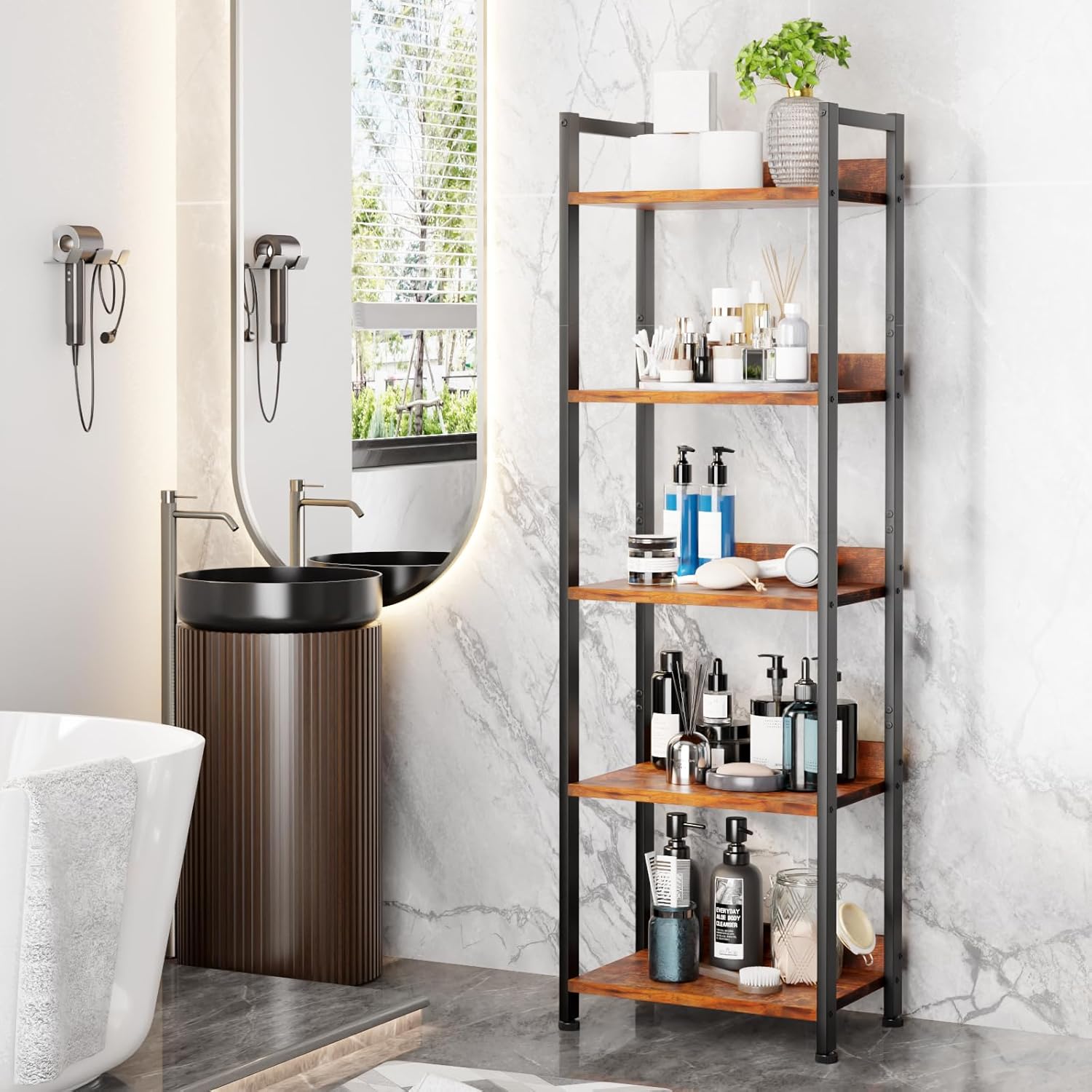Furologee 5 Tier Bookshelf with Drawer, Tall Narrow Bookcase with Shelves, Wood and Metal Bookshelves Storage Organizer, Industrial Display Standing Shelf Unit for Bedroom, Living Room, Rustic Brown — Rustic Brown / 5 Tier -1 PCS (8)
