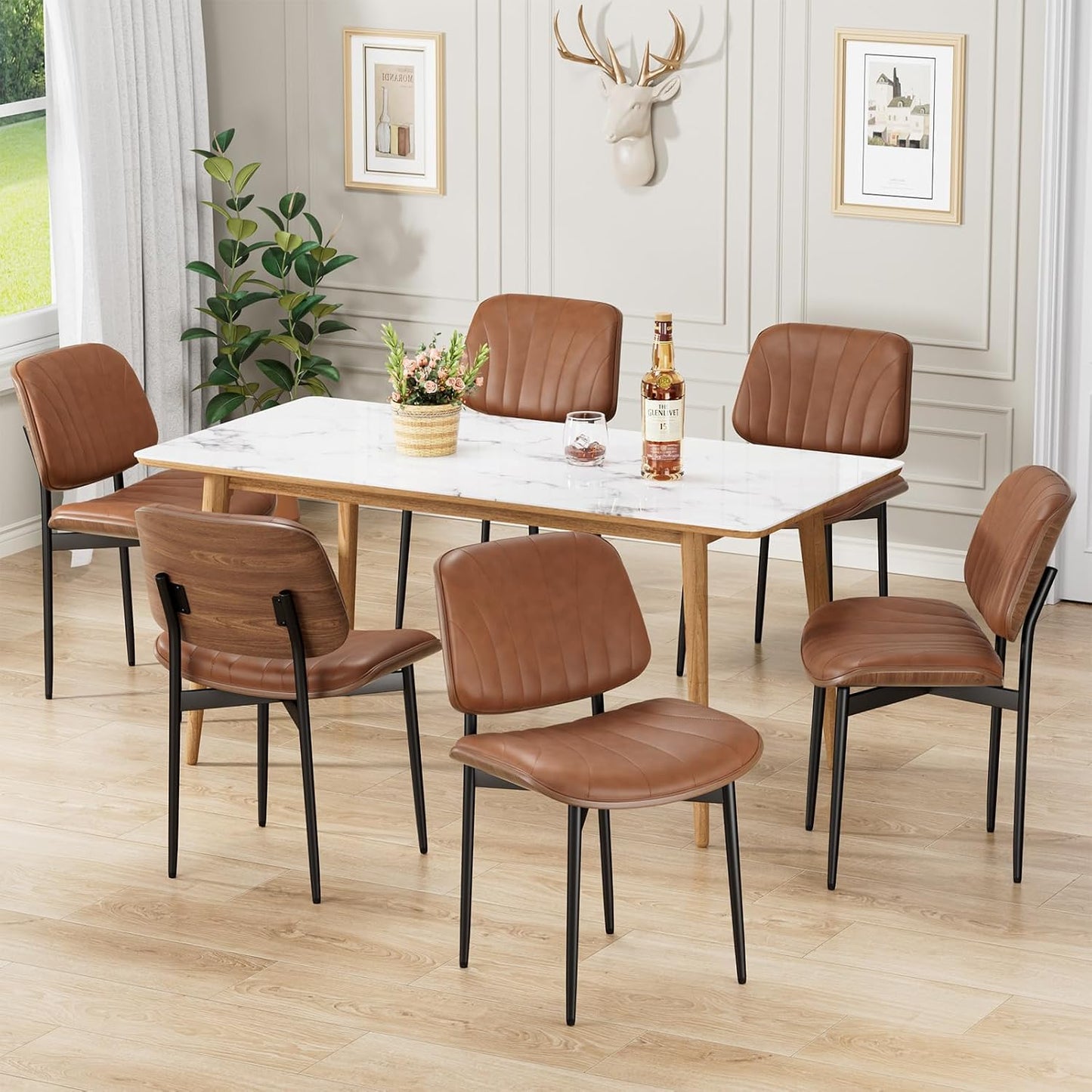 Dining Chairs Set of 4, Mid-Century Modern Upholstered PU Leather Chairs | with Walnut Bentwood Back and Metal Legs Adjustable Feet for Kitchen Dining Room, Camel Shell Strips — Camel Shell Strips / 6