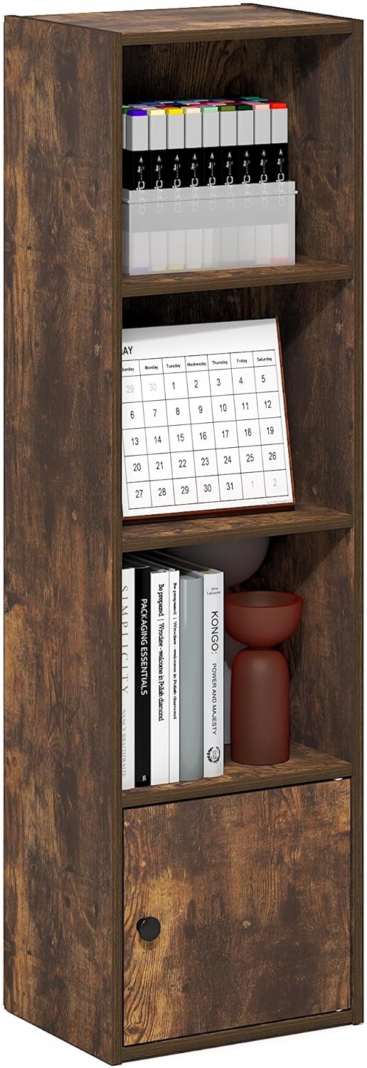 Furinno LUDER Book Shelf, 5-Cube Bookshelf, Reversible Bookcase, 9.4 x 19.5 x 31.5, Easy Assembly, for Living Room, Bedroom, Home Office, White — Amber Pine / 4-Cube with Cabinet