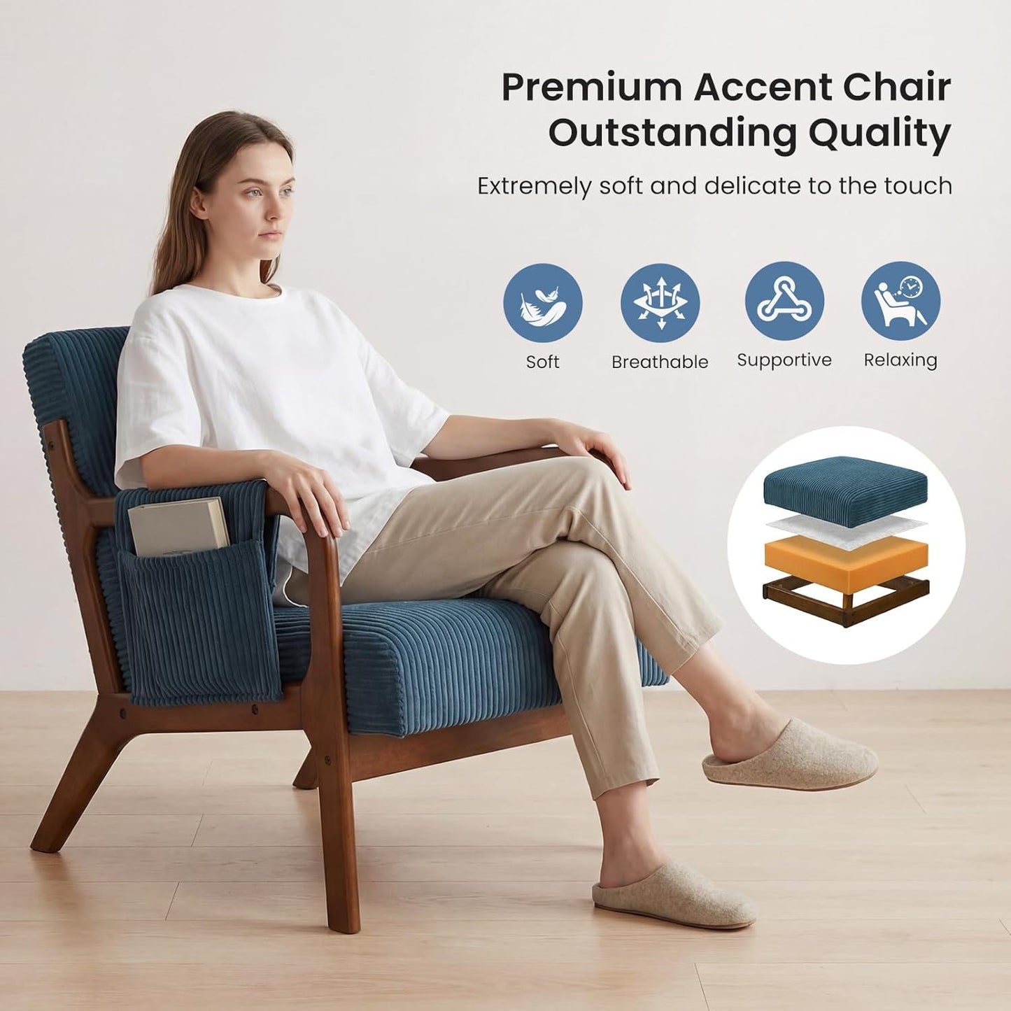 DUMOS Mid Century Modern Accent Chair, Upholstered Armchair with Lumbar Pillow and Solid Wood Frame, Comfy Reading Chair for Small Living Room, Bedroom, Guest Room, Navy Blue — Navy Blue / 1 PC (4)