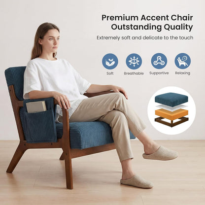 DUMOS Mid Century Modern Accent Chair, Upholstered Armchair with Lumbar Pillow and Solid Wood Frame, Comfy Reading Chair for Small Living Room, Bedroom, Guest Room, Navy Blue — Navy Blue / 1 PC (4)