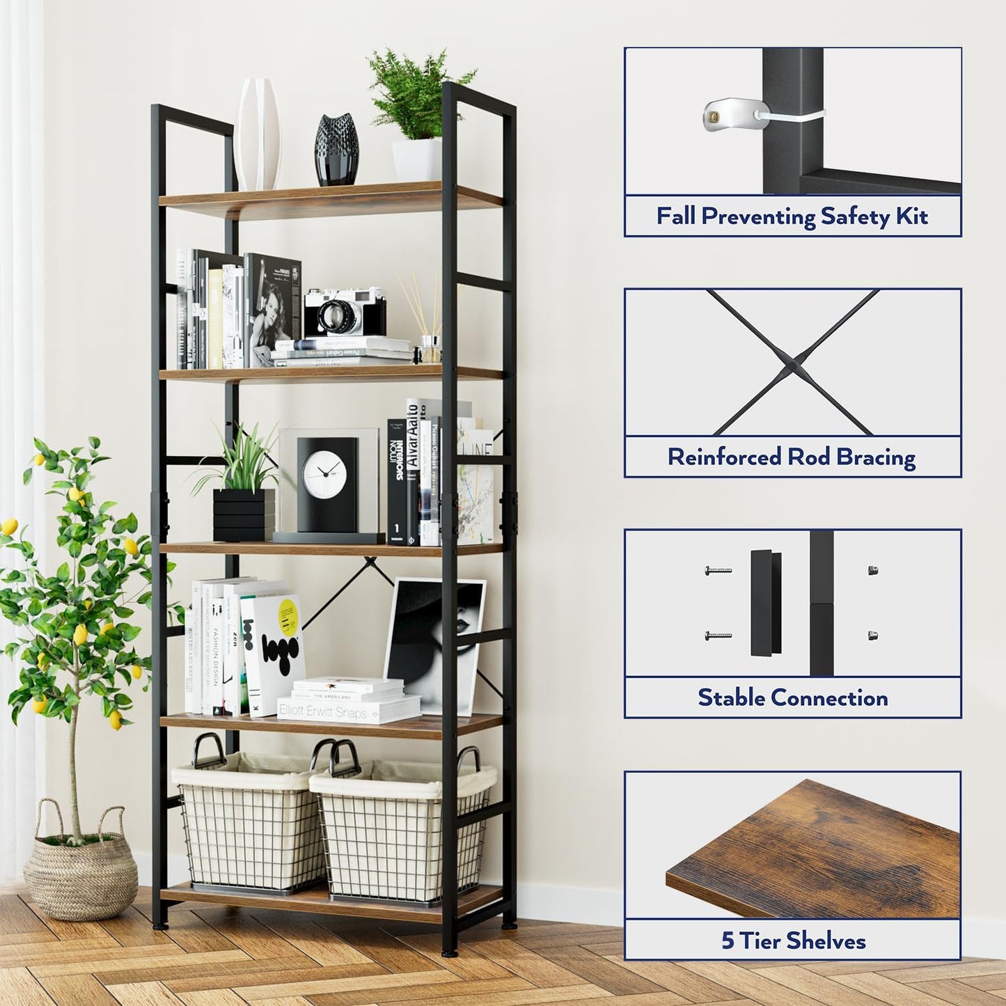 NUMENN 5 Tier Bookshelf, Tall Bookcase Shelf Storage Organizer, Modern Book Shelf for Bedroom, Living Room and Home Office, Vintage — 5 Tier / Vintage (5)