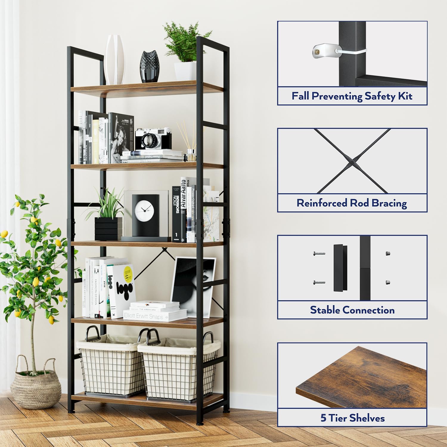 NUMENN 5 Tier Bookshelf, Tall Bookcase Shelf Storage Organizer, Modern Book Shelf for Bedroom, Living Room and Home Office, Vintage — 5 Tier / Vintage (5)