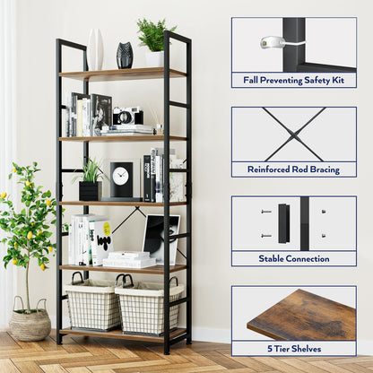 NUMENN 5 Tier Bookshelf, Tall Bookcase Shelf Storage Organizer, Modern Book Shelf for Bedroom, Living Room and Home Office, Vintage — 5 Tier / Vintage (5)