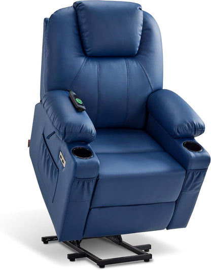MCombo Electric Power Lift Recliner Chair Sofa with Massage and Heat for Elderly, 3 Positions, 2 Side Pockets, and Cup Holders, USB Ports, Faux Leather 7040 (Grey, Medium) — Small / Blue