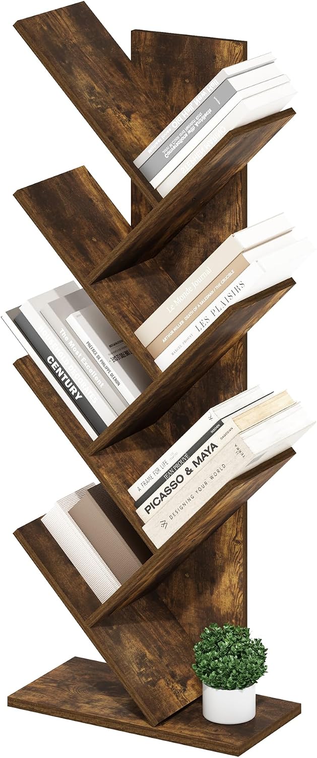 Furinno LUDER Book Shelf, 5-Cube Bookshelf, Reversible Bookcase, 9.4 x 19.5 x 31.5, Easy Assembly, for Living Room, Bedroom, Home Office, White — Amber Pine / 7-Tier Tree Bookcase