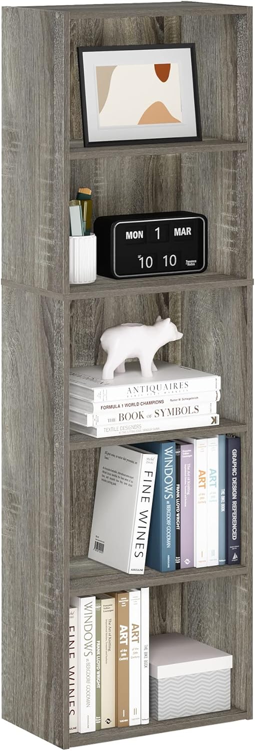 Furinno LUDER Book Shelf, 5-Cube Bookshelf, Reversible Bookcase, 9.4 x 19.5 x 31.5, Easy Assembly, for Living Room, Bedroom, Home Office, White — French Oak / 5-Tier