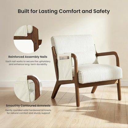 DUMOS Mid Century Modern Accent Chair, Upholstered Armchair with Lumbar Pillow and Solid Wood Frame, Comfy Reading Chair for Small Living Room, Bedroom, Guest Room, Navy Blue — Beige / 1 PC (6)
