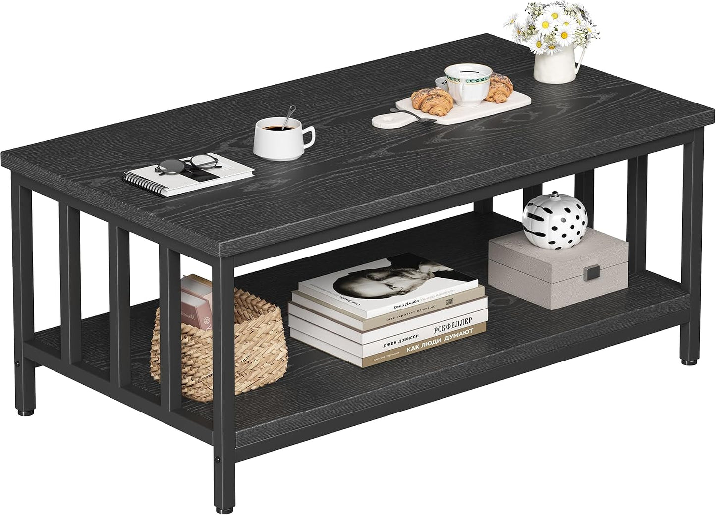 Homeiju Coffee Table for Living Room with Slatted Sides Frame, Modern Farmhouse Living Room Table with 2-Tier Storage Shelf for Home Office, Apartment, Grey Wash, 39 inch — 39.4L*21.6W*18.1H / Black
