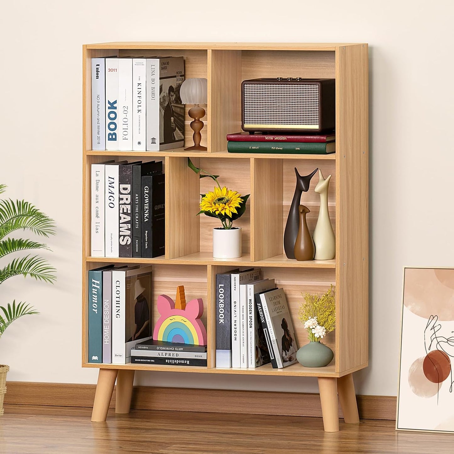 LEYAOYAO Cube Bookshelf 3 Tier Mid-Century Rustic Brown Modern Bookcase with Legs,Retro Wood Bookshelves Storage Organizer Shelf,Freestanding Open Book Shelves for Bedroom,Living Room,Office — Natural / 7 Cube with Legs