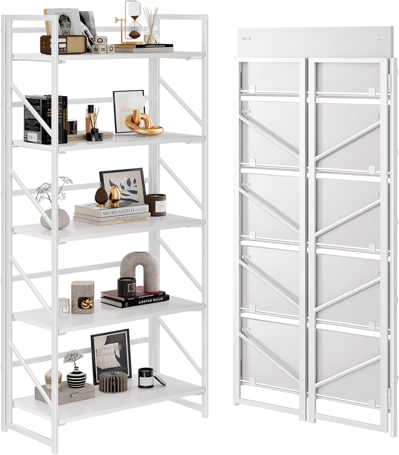 JSB No Assembly Folding Bookshelf, 4 Tier Industrial Metal Book Shelf for Storage, Vintage Wood Foldable Bookcase for Living Room, Bedroom, Office Organization Shelves — All White / Flat Tube 5-Tier