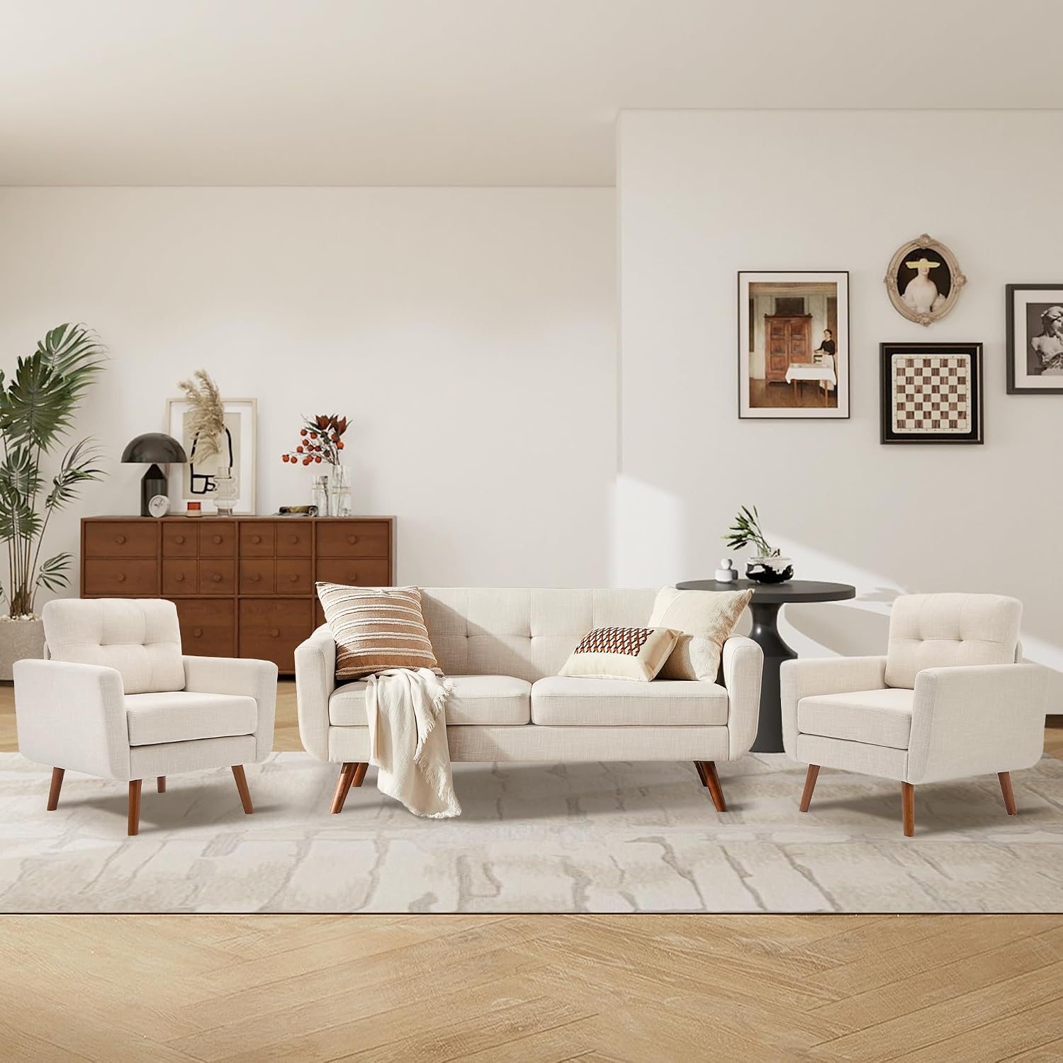 Tbfit Linen Fabric Single Sofa, Accent Chair, Mid Century Modern Armchair for Living Room, Bedroom Button Tufted Upholstered Comfy Reading Sofas, Beige — Single / Beige (8)