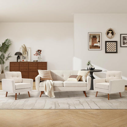 Tbfit Linen Fabric Single Sofa, Accent Chair, Mid Century Modern Armchair for Living Room, Bedroom Button Tufted Upholstered Comfy Reading Sofas, Beige — Single / Beige (8)