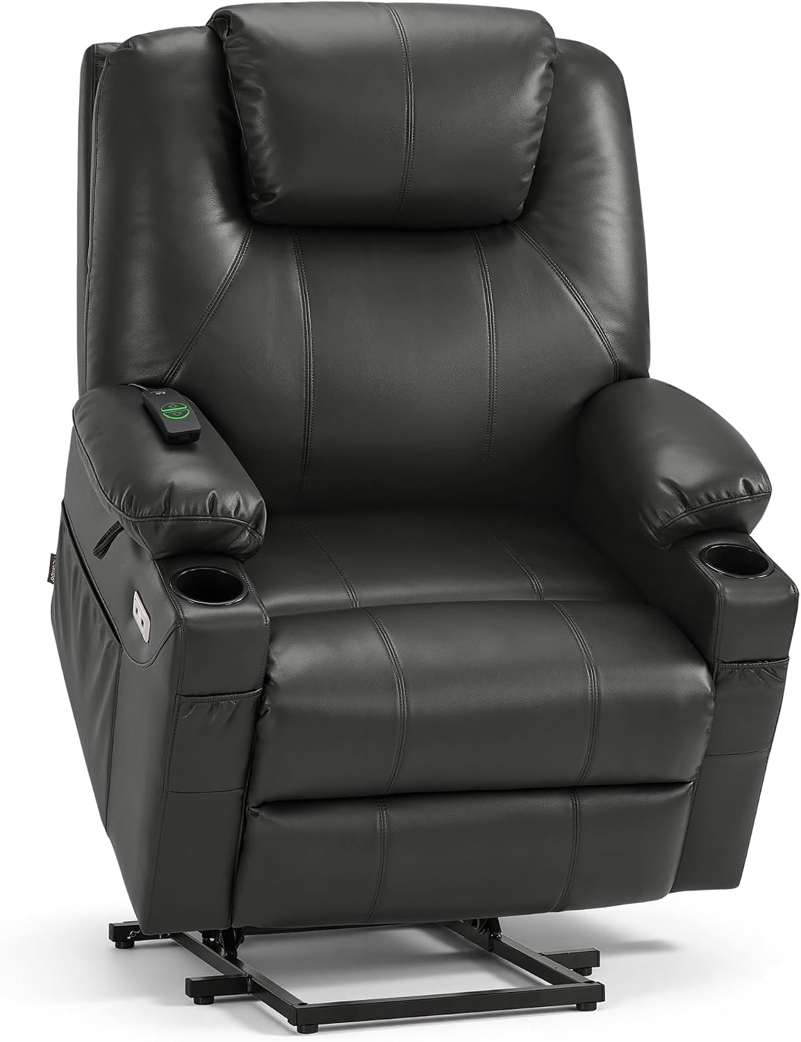 MCombo Electric Power Lift Recliner Chair Sofa with Massage and Heat for Elderly, 3 Positions, 2 Side Pockets, and Cup Holders, USB Ports, Faux Leather 7040 (Grey, Medium) — Small-Wide / Grey