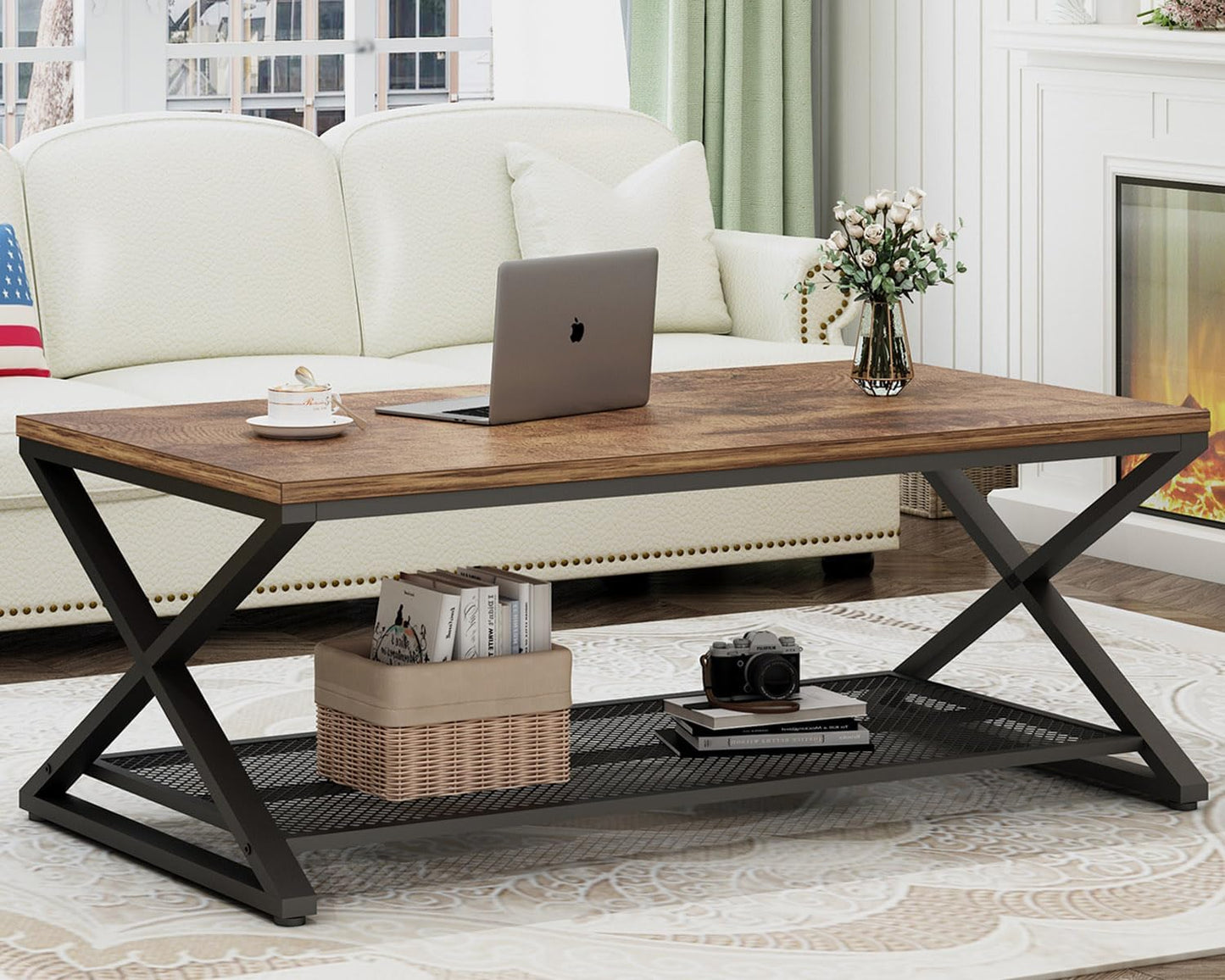 LVB Coffee Table for Living Room, 2 Tier Tea Table, 47 inch, Rustic Brown | Industrial Metal Wood Coffee Table with Storage, Farmhouse Wooden Rectangle Center Table with Mesh Shelf for Office Bedroom — Rustic Brown / 47 inch (3)