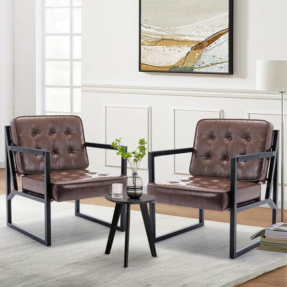 COLAMY Mid Century Modern Accent Chair Set of 2, Comfy Living Room Chair, Black Leather Accent Chair, Faux Leather Reception Armchair with Metal Legs for Living Room Bedroom Reception Office, Black — Brown / Set of 1