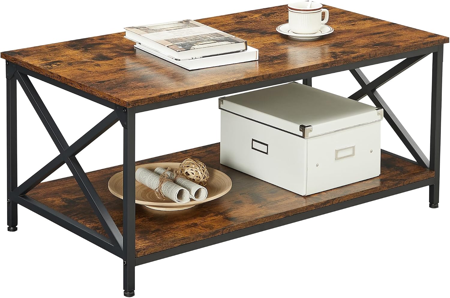 VASAGLE Coffee Table, Cocktail Table with Storage Shelf and X-Shape Steel Frame, Industrial Farmhouse Style, 39.4 x 21.7 x 17.7 Inches, Rustic Brown and Black ULCT200B01V1 — Rustic Brown + Black