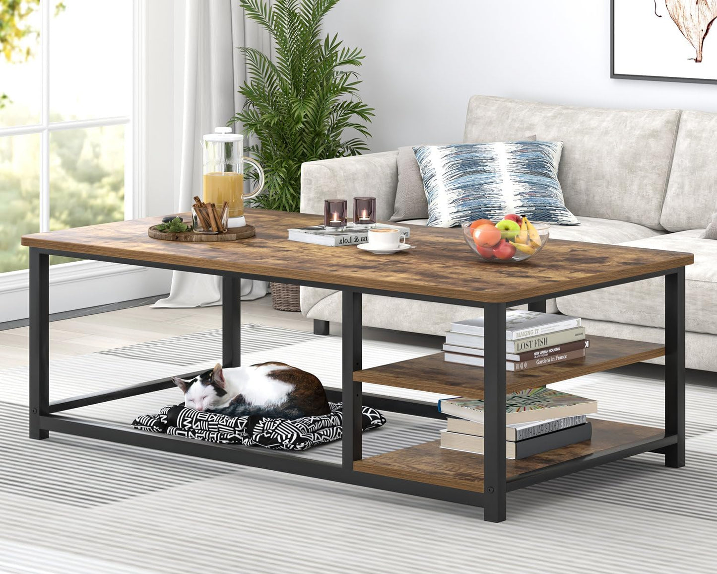 EXCEFUR Modern Coffee Table, Rustic Wood and Metal Living Room Table with Storage Shelf, Industrial Brown, 47 Inch — Rustic Brown (6)