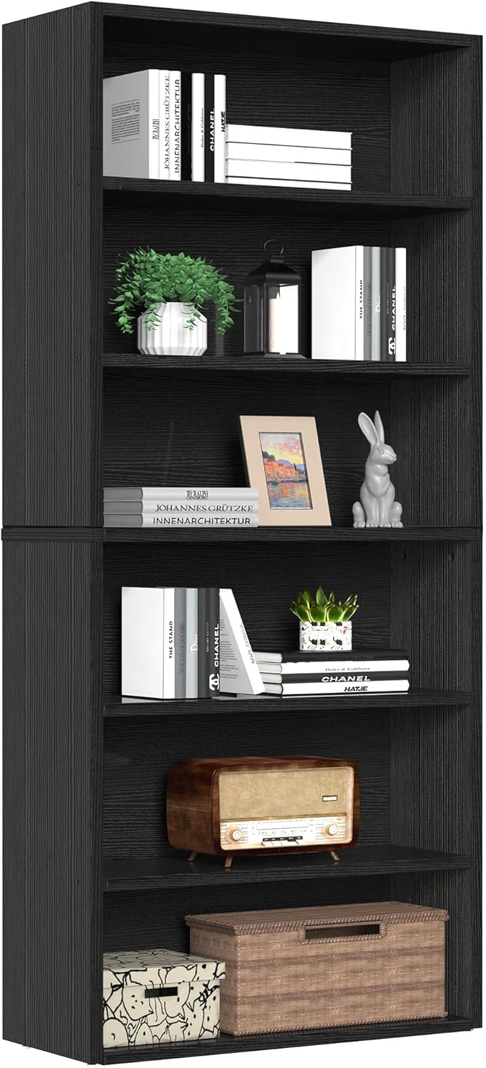 Sweetcrispy 5 Shelf Bookcase Open Display Bookshelf Storage Organizer | 53 Inches Tall Book Shelf Floor Standing Corner Unit, Living Room, Home Office, Kitchen, Bedroom, Rustic Brown Wood — Black / 6 Shelf