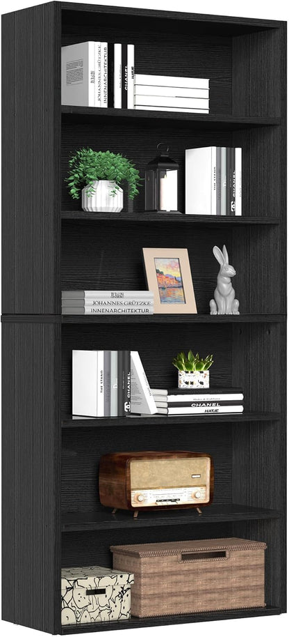 Sweetcrispy 5 Shelf Bookcase Open Display Bookshelf Storage Organizer | 53 Inches Tall Book Shelf Floor Standing Corner Unit, Living Room, Home Office, Kitchen, Bedroom, Rustic Brown Wood — Black / 6 Shelf
