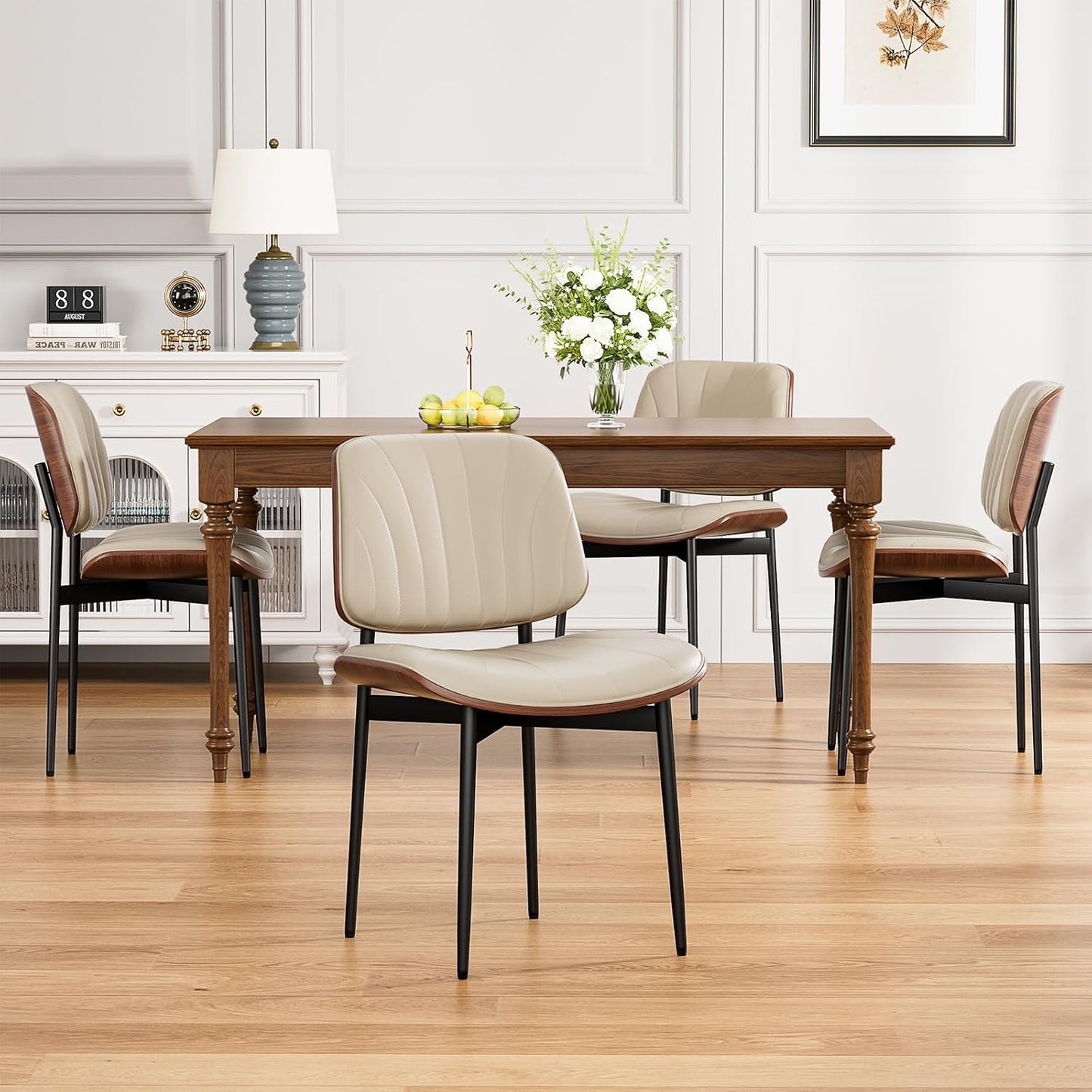 YaFiti Mid Century Dining Chairs Set of 4 with Walnut Bentwood, Greige | Ergonomic Walnut Backrest, Upholstered Waterproof PU Leather Seat, Stable Metal Legs, Adjustable Footpads, Apartment Friendly — Greige Scallop / 4