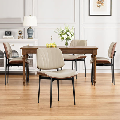 YaFiti Mid Century Dining Chairs Set of 4 with Walnut Bentwood, Greige | Ergonomic Walnut Backrest, Upholstered Waterproof PU Leather Seat, Stable Metal Legs, Adjustable Footpads, Apartment Friendly — Greige Scallop / 4
