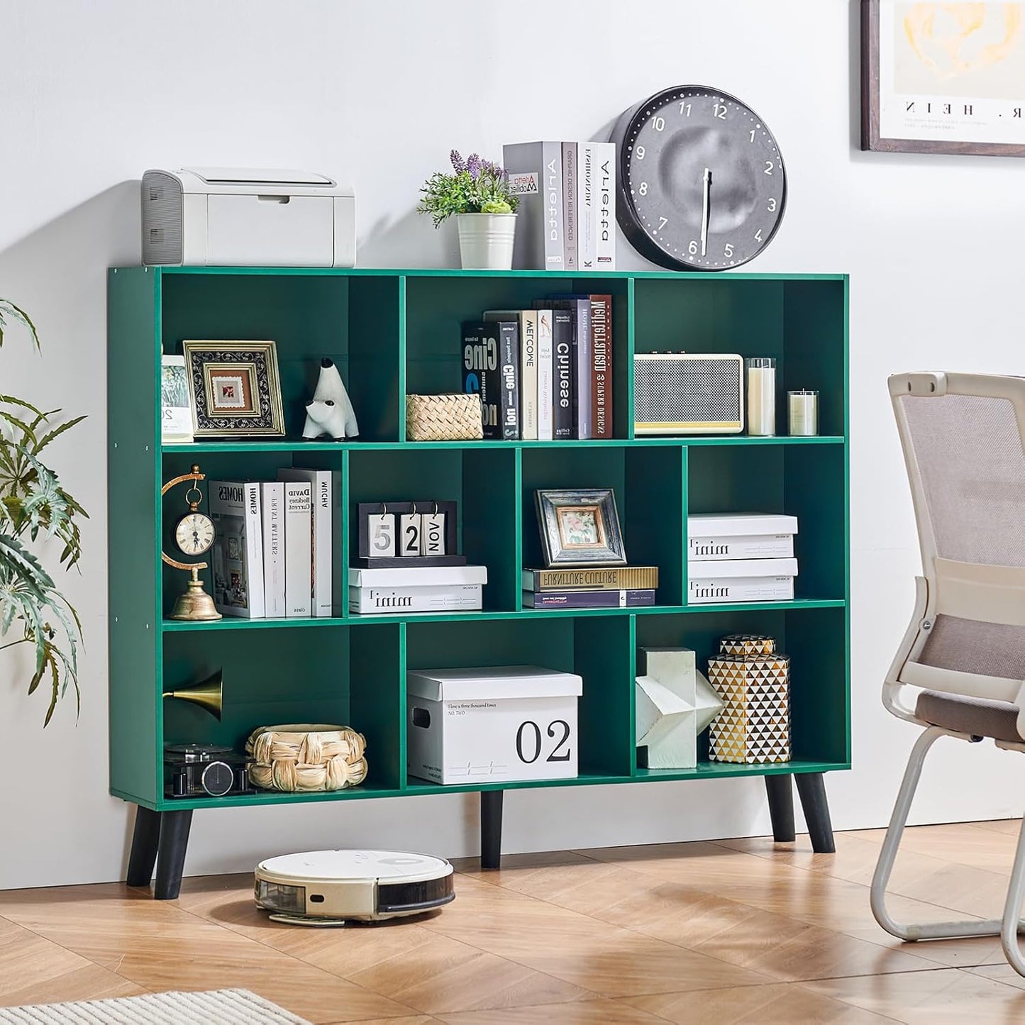 LEYAOYAO Cube Bookshelf 3 Tier Mid-Century Rustic Brown Modern Bookcase with Legs,Retro Wood Bookshelves Storage Organizer Shelf,Freestanding Open Book Shelves for Bedroom,Living Room,Office — Dark Green / 10 Cube Plus with Legs